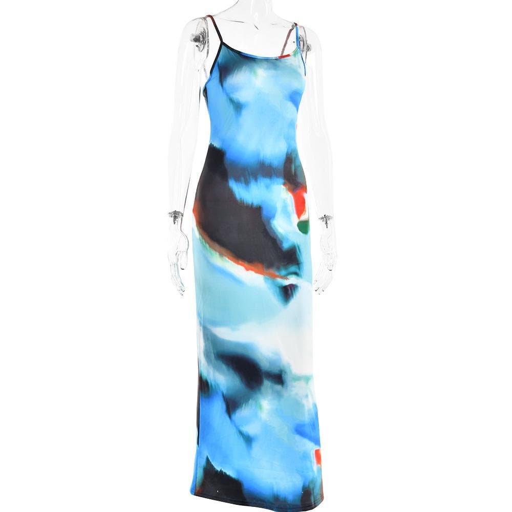 Tie dye contrast backless cami maxi dress