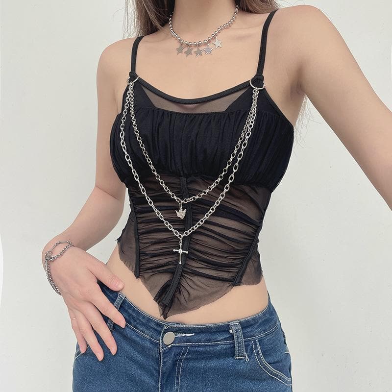 Metal chain mesh patchwork ruched cami crop top