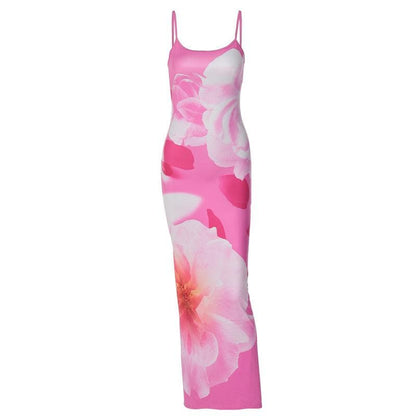 Flower print contrast u neck backless slit cami maxi dress