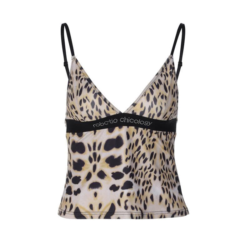 Leopard print beaded patchwork v neck backless cami top