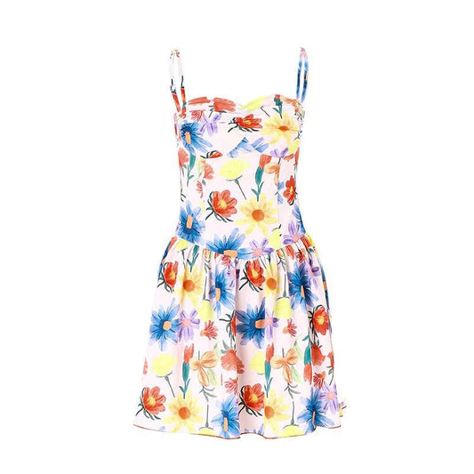 Flower contrast print backless ruched sweetheart neck cami dress - Final Sale