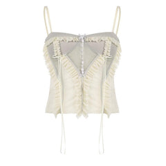 Mesh patchwork ruffle button contrast backless cami crop top