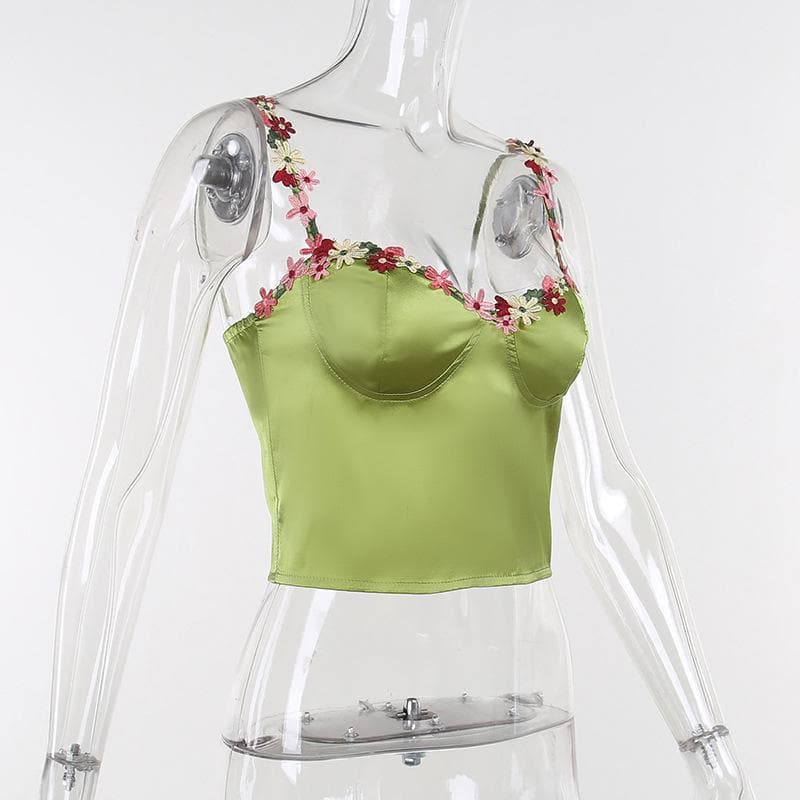 Sweetheart neck flower embroidery zip-up satin cami crop top