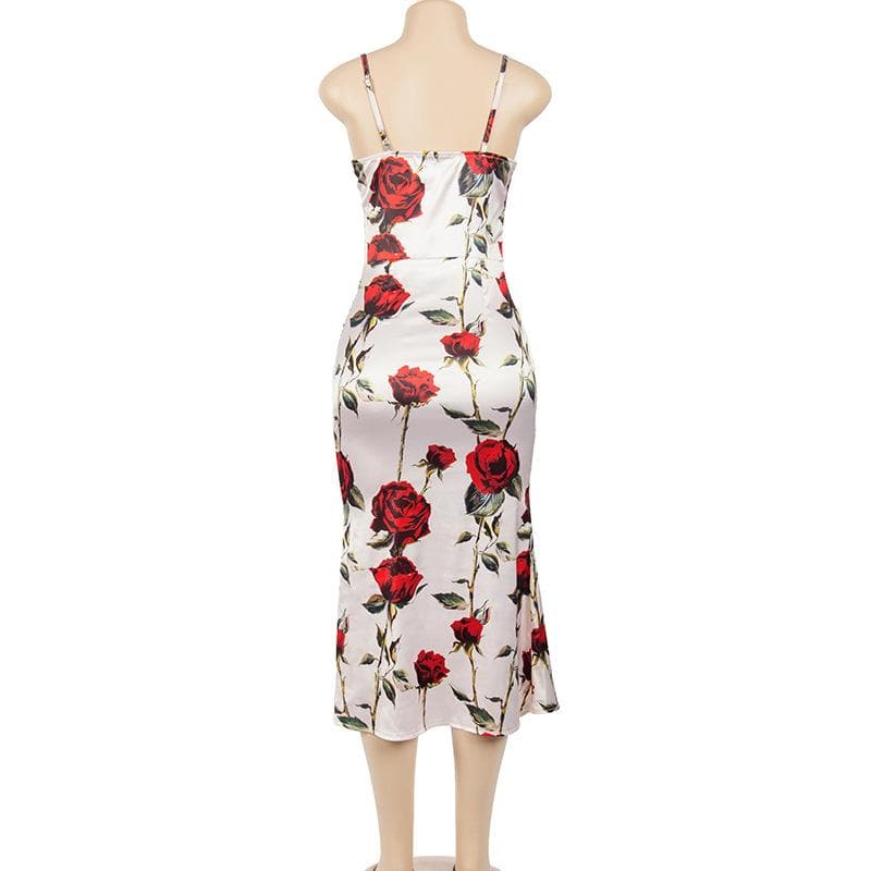 Rose flower print satin contrast cowl neck backless zip-up cami midi dress