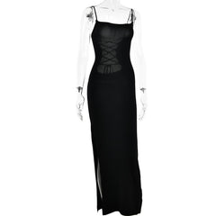 Lace up square neck slit solid backless cami maxi dress