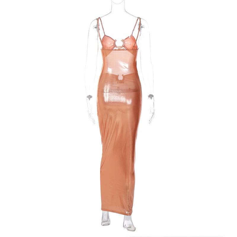 Hollow out metallic ruched backless metal applique cami maxi dress