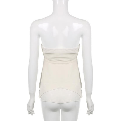 Chiffon ruched solid self tie zip-up backless tube top