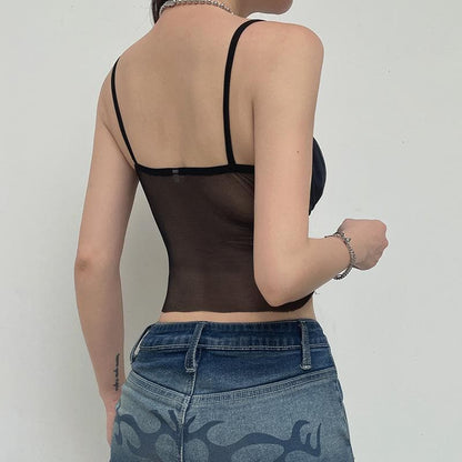 Metal chain mesh patchwork ruched cami crop top