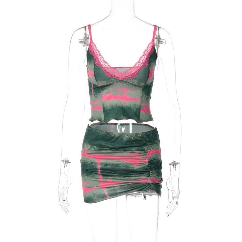 Tie dye v neck lace hem ruched cami mini skirt set