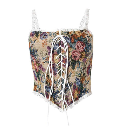 Floral embroidery lace up front bustier cami top