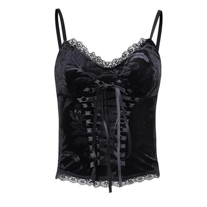 V neck hem lace velvet lace up cami top