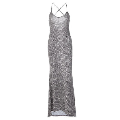 Snakeskin print cross back u neck backless cami maxi dress