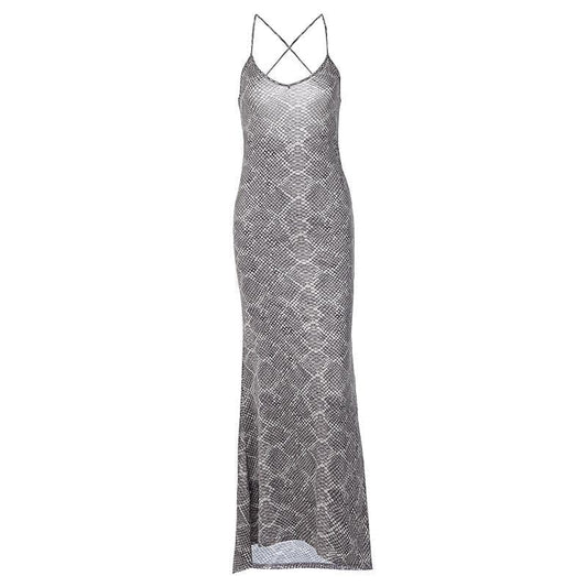 Snakeskin print cross back u neck backless cami maxi dress