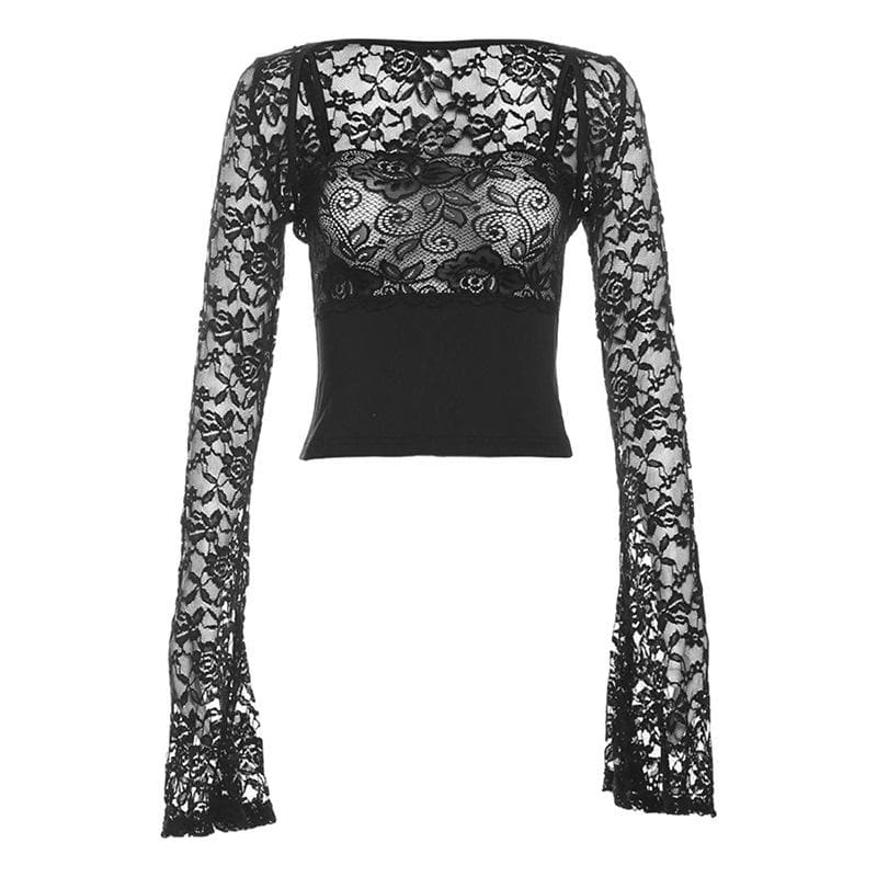 Lace see through square neck long sleeve shrug 2 piece cami crop top