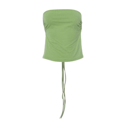 Drawstring solid ruched self tie backless tube top