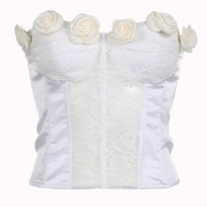 Lace flower applique button patchwork corset backless tube top