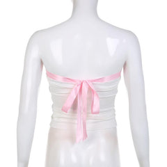 Ribbed bowknot contrast lace up backless tube top - Final Sale