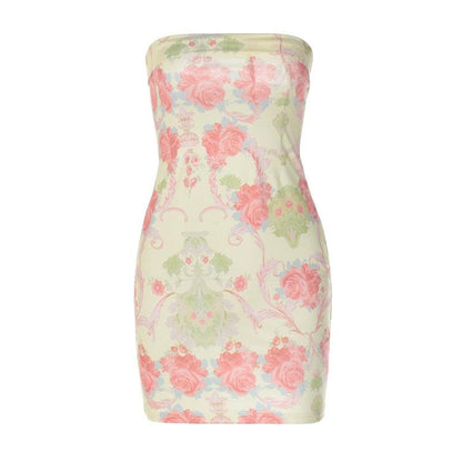 Contrast flower print backless tube dress