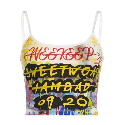 Letter print contrast u neck backless cami crop top - Final Sale