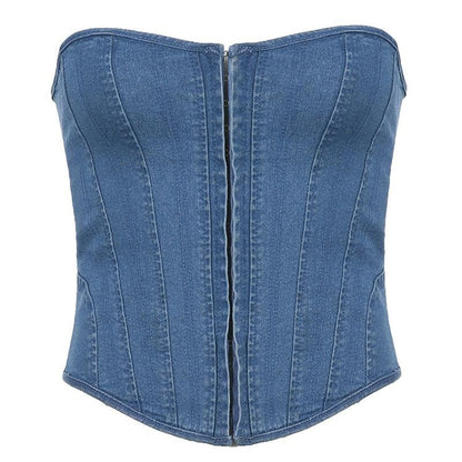 Denim lace up back heart neck tube top