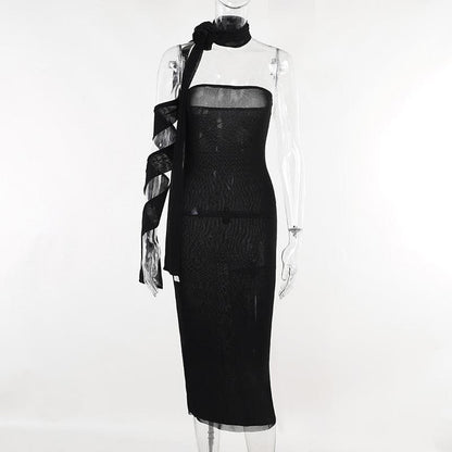 Flower applique solid lace up ribbon tube midi dress