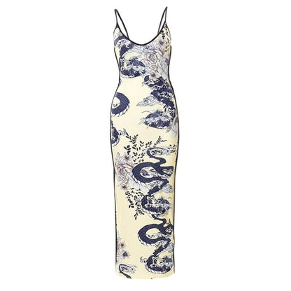 Dragon pattern v neck contrast backless cami maxi dress