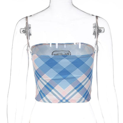 Embroidery contrast plaid backless tube top