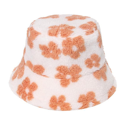 Flower pattern fluffy contrast fisherman bucket hat