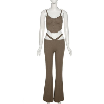 Sweetheart neck button hollow out waist ribbed cami top pant set