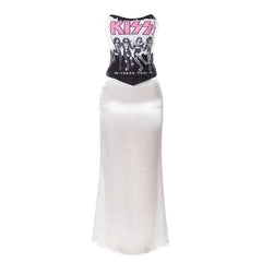 Satin abstract print contrast low cut tube top midi skirt set