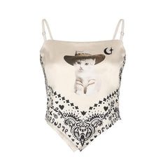 Satin cat pattern knotted contrast backless cami crop top