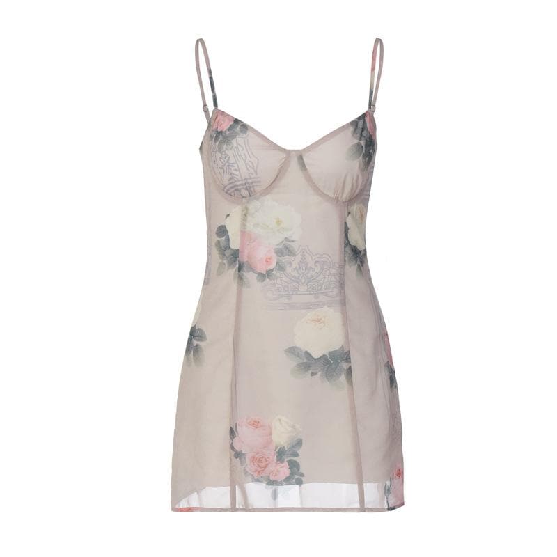 Chiffon flower print contrast v neck zip-up cami mini dress