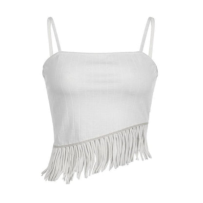 Irregular backless tassels self tie solid cami crop top - Final Sale