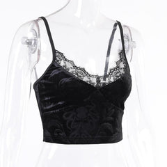 Velvet pattern eyelash lace v neck cami top