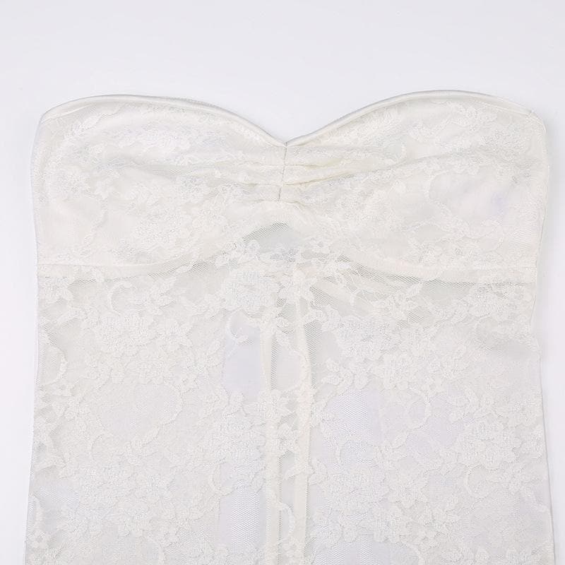 Lace solid ruched sweetheart neck backless self tie tube top