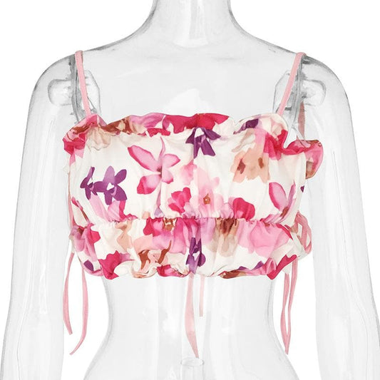 Backless self tie ruched flowers print contrast cami top - Final Sale