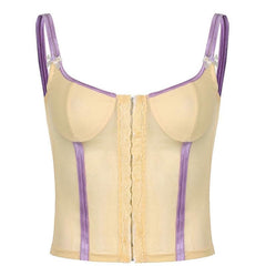 Sheer mesh contrast lace hem cami backless button low cut crop top