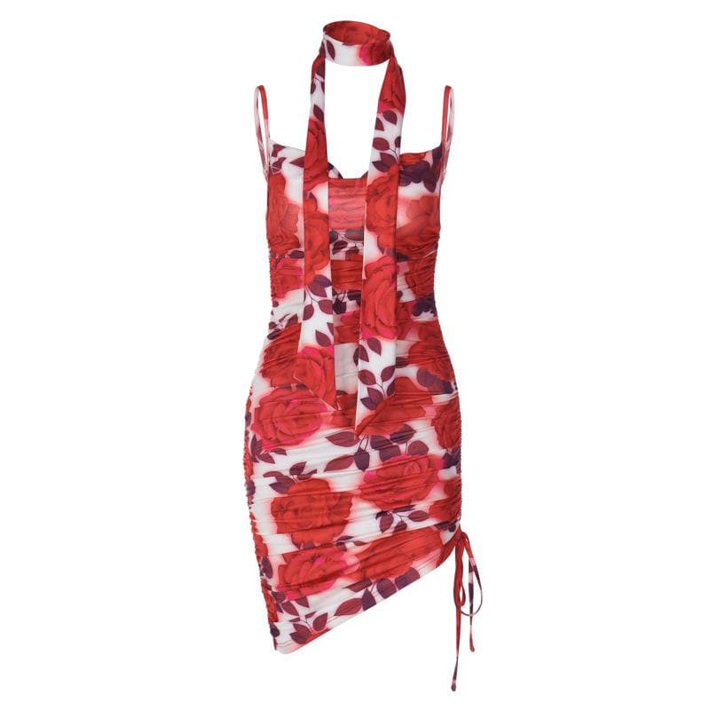 Flower print contrast drawstring cowl neck backless cami mini dress