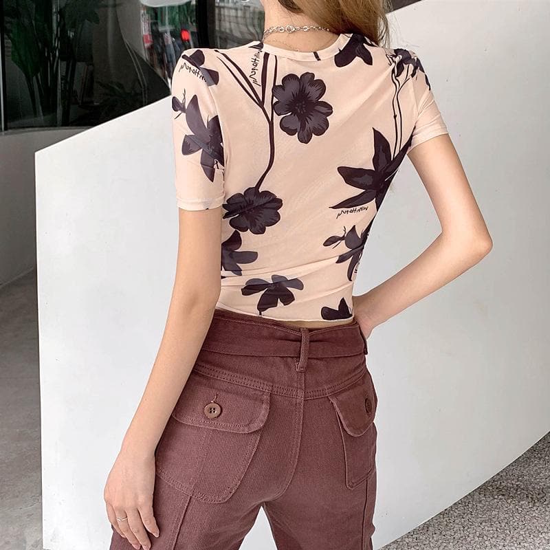 Mesh floral print short sleeve contrast crop top