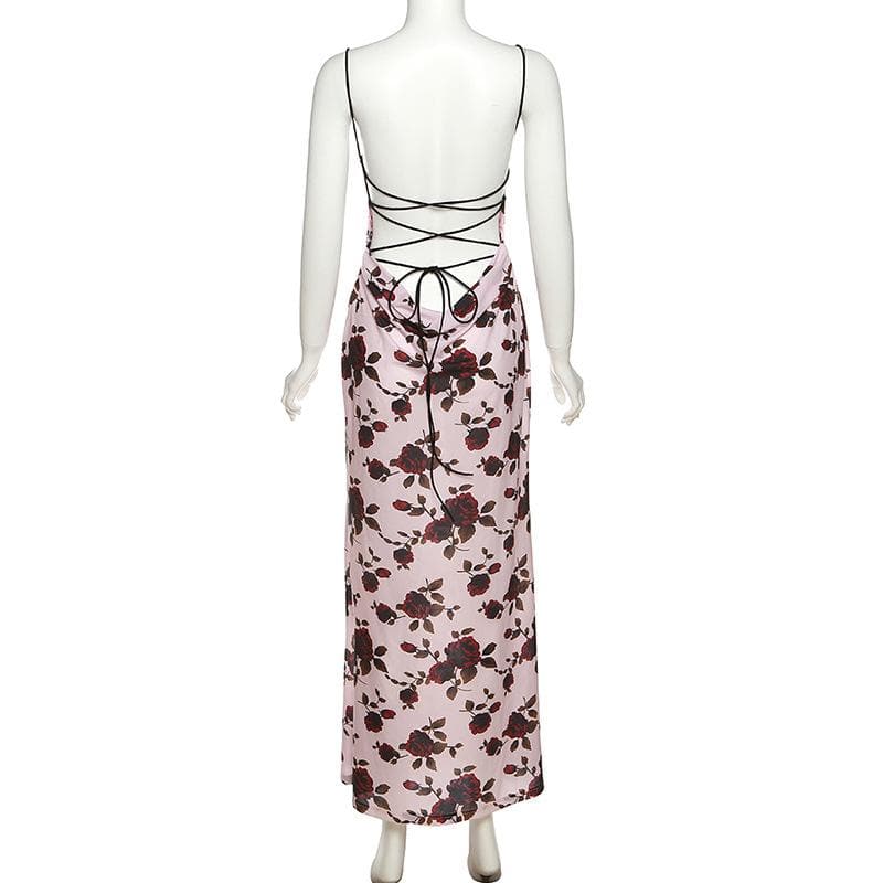 Flower print low cut spaghetti strap contrast lace up backless midi dress