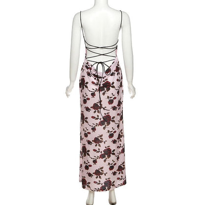 Flower print low cut spaghetti strap contrast lace up backless midi dress