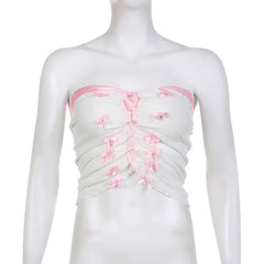 Ribbed bowknot contrast lace up backless tube top - Final Sale