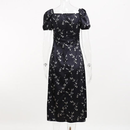 Short sleeve square neck puff sleeve contrast flower pattern print slit self tie midi dress