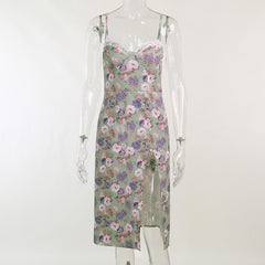 Sleeveless slit lace hem backless flower pattern print cami dress