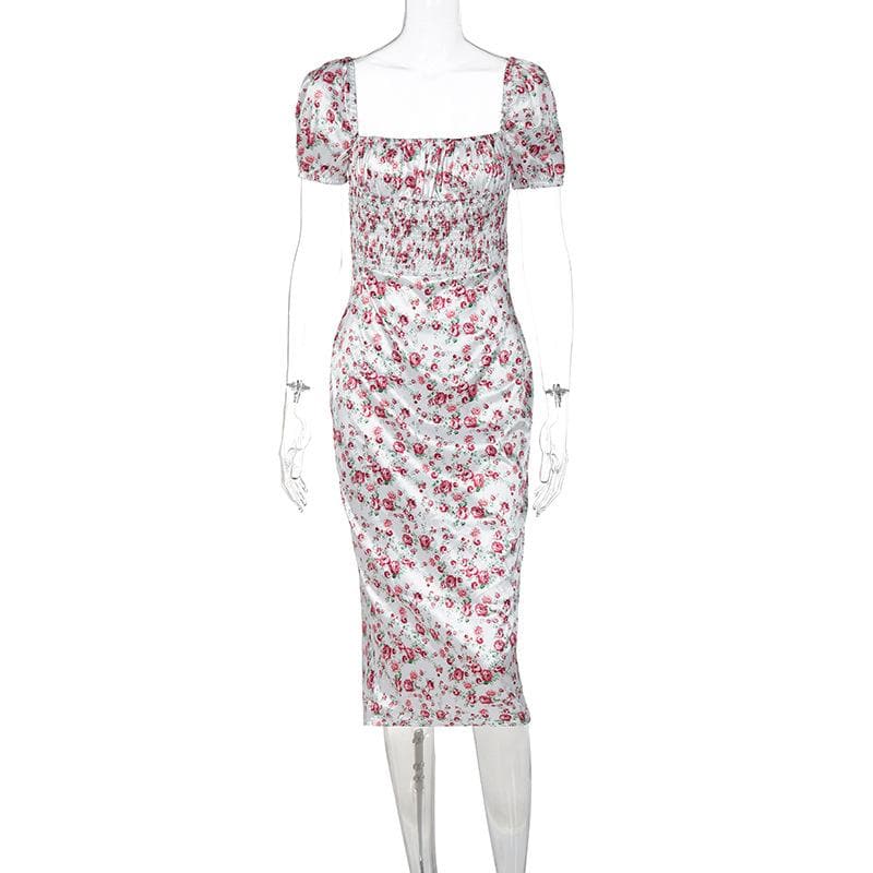 Satin flower pattern print zip-up ruched square neck short sleeve midi dress