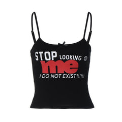 Letter print u neck contrast backless cami crop top - Final Sale