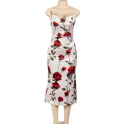 Rose flower print satin contrast cowl neck backless zip-up cami midi dress