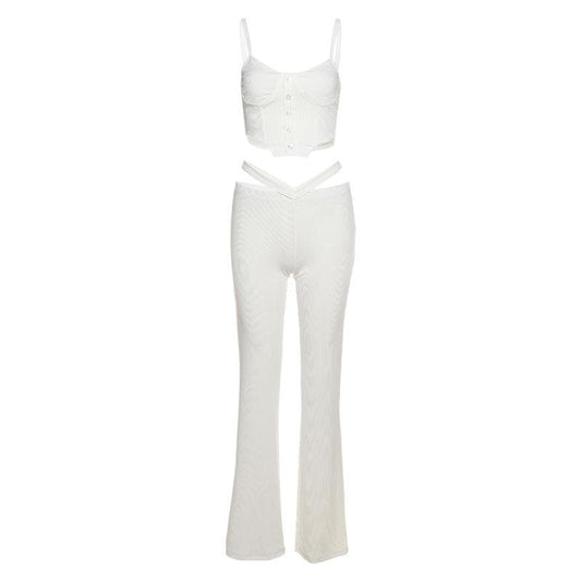 Sweetheart neck button hollow out waist ribbed cami top pant set