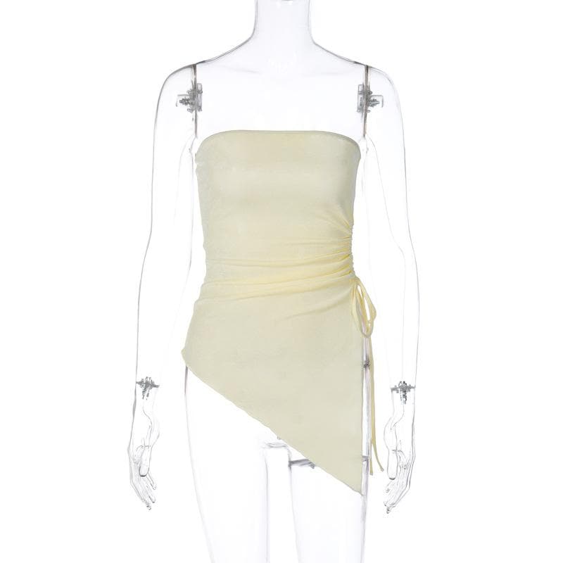 Solid ruched drawstring slit irregular tube top