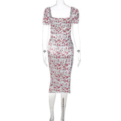 Satin flower pattern print zip-up ruched square neck short sleeve midi dress